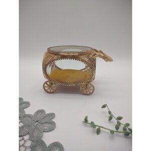 Vintage Ormolu Filigree Gold Tone Carriage Jewelry Casket Box with Beveled Glass